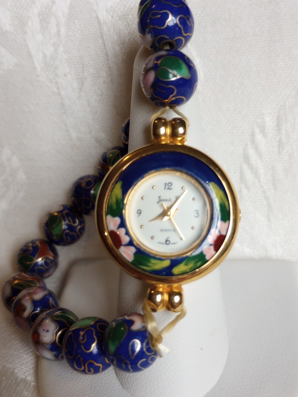 1960s Handpainted Navy Pink Flower Enamel Cloisonne Beads 3in Needs Restringing